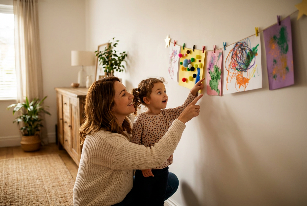 Mother and daughter admiring artwork being displayed on the wall of their living room