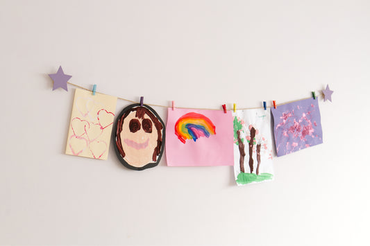 Kids art display with lavender stars