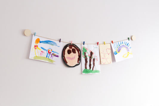 Kids art display with wooden circles