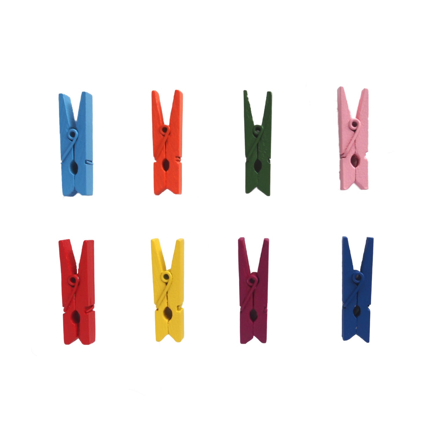 A set of 8 mini wooden clothes pegs in a variety of bright colours, laid flat. Typically used to hang artwork, crafts, or photos on a string hanging line as wall decor.