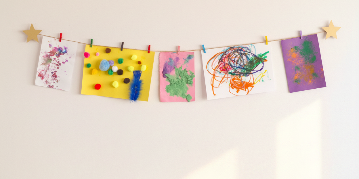 Five colorful children's artwork cards clipped to a string with wooden star decorations, hanging on a plain white wall.