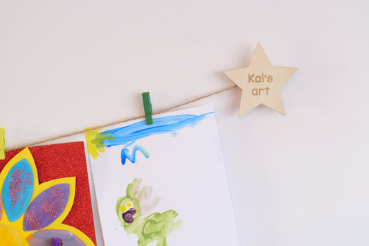 Kids art display with personalised wooden stars