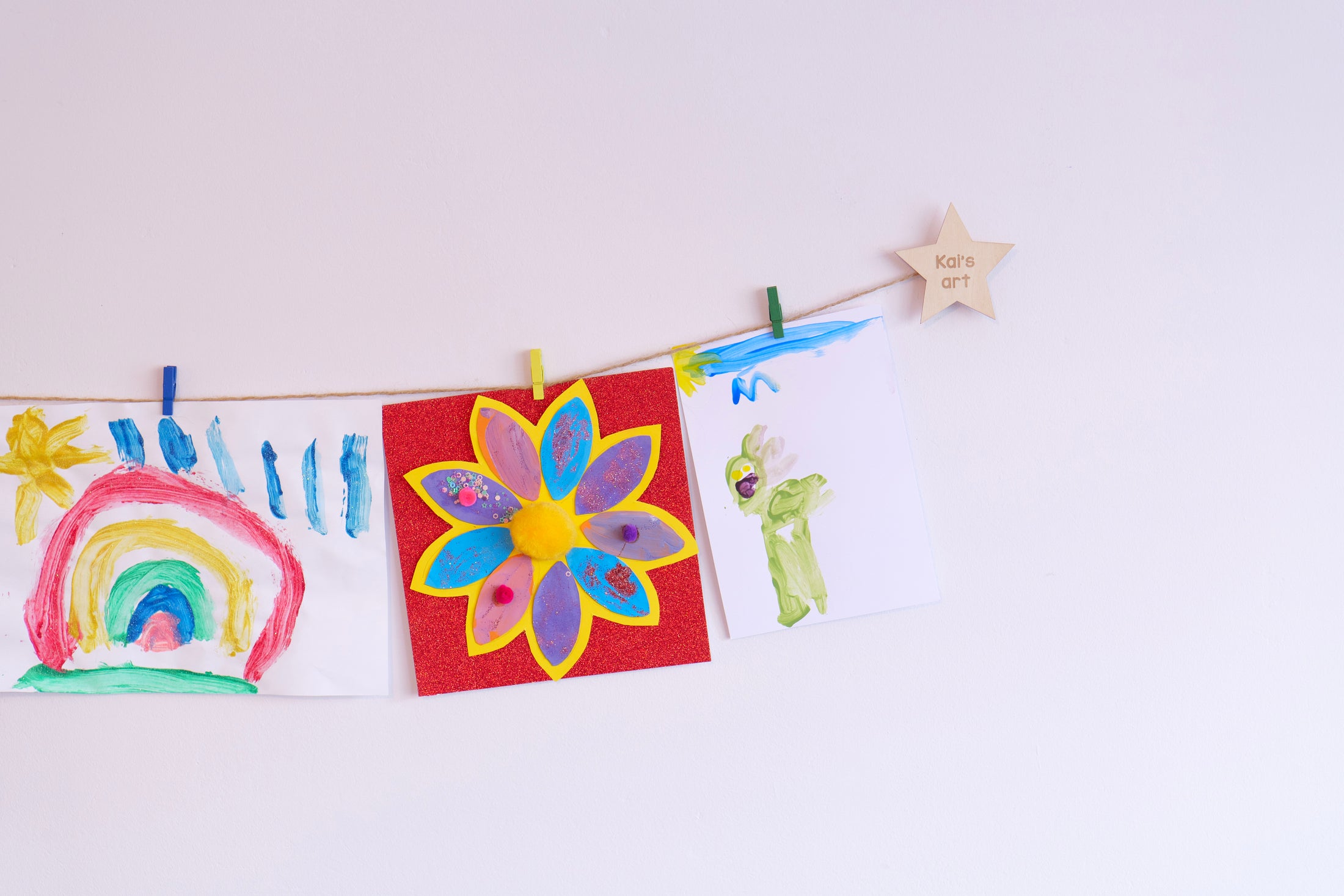 Wall mounted wooden star art display hanging kids artwork personalised with Childs name