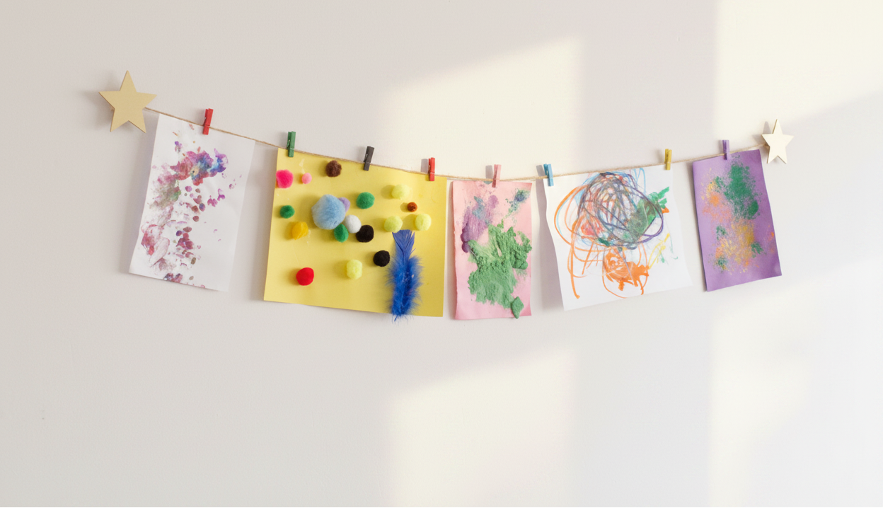 Colorful children's artwork hanging on a line against a white wall.