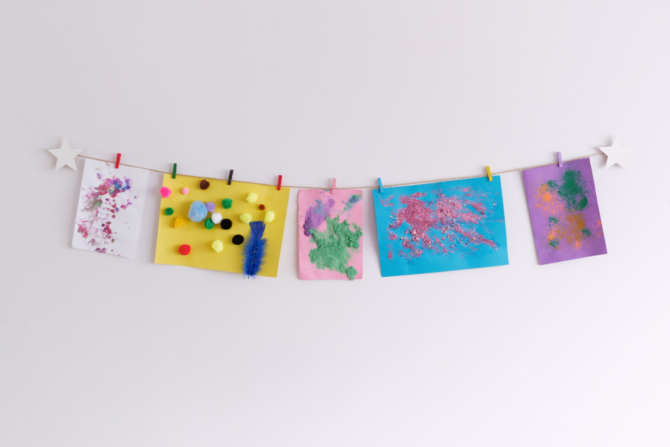 Kids art display with white stars